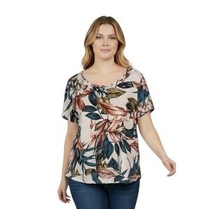 C&C California 100% Linen Top XL Short Sleeve Floral Print Boxy Fit Beachy
